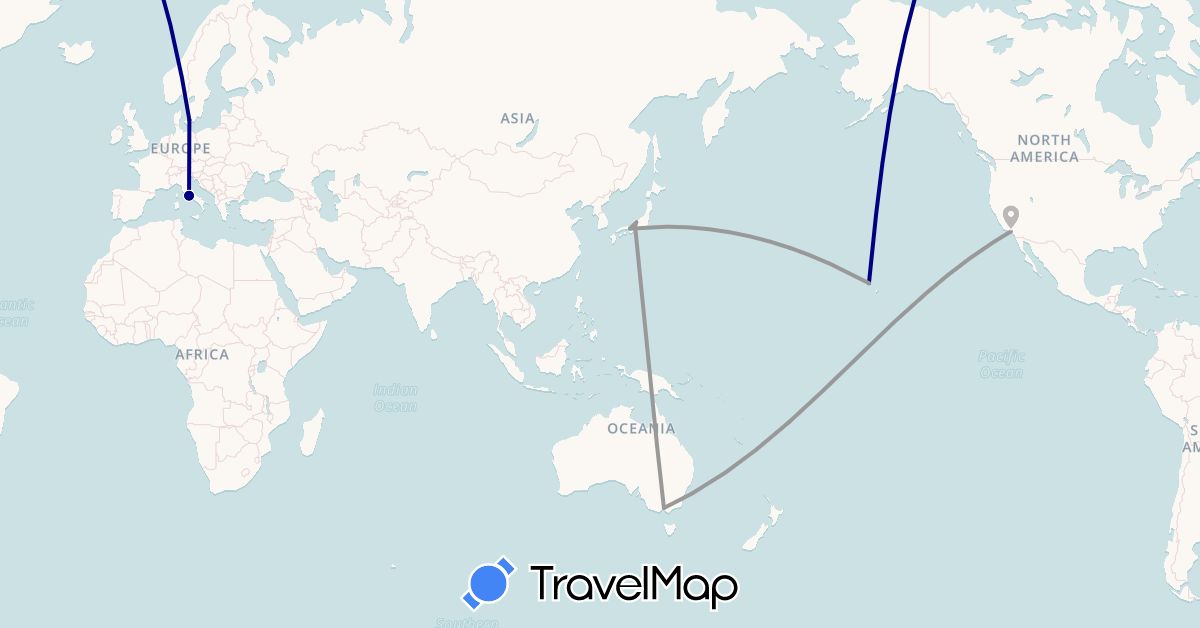 TravelMap itinerary: driving, plane in Australia, Denmark, Italy, Japan, Philippines, United States (Asia, Europe, North America, Oceania)